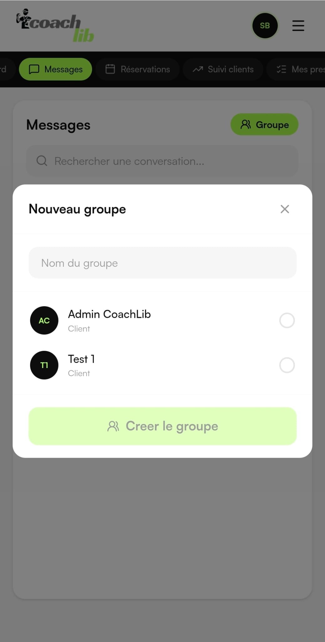 Capture d'écran — Créez un nouveau groupe