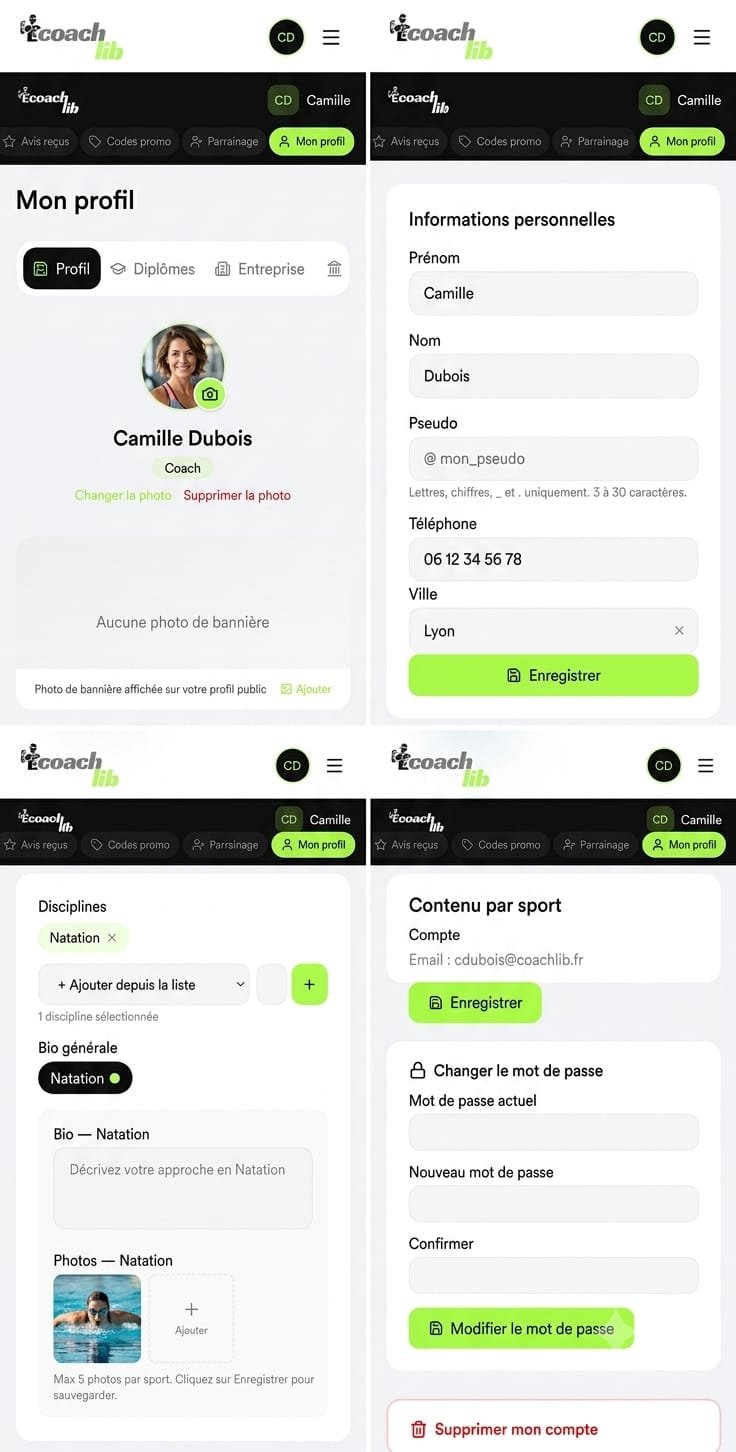 Capture d'écran — Complétez votre profil coach